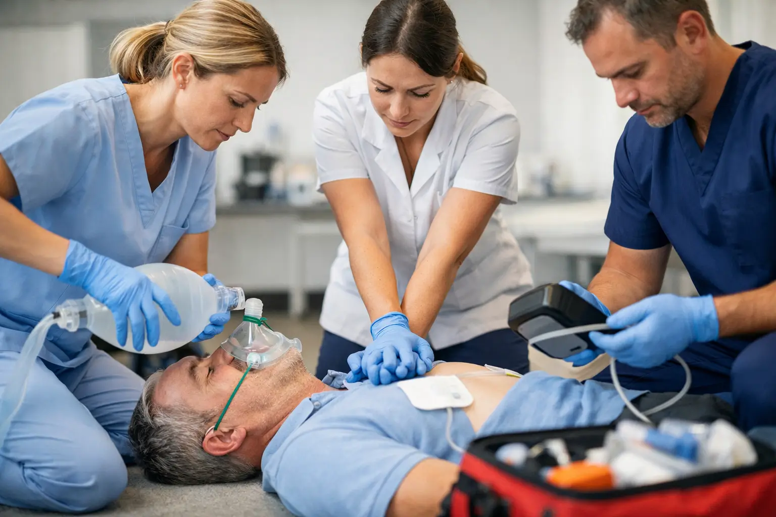 Praxisteam übt gemeinsam den Notfallablauf mit Beatmungsbeutel und Defibrillator