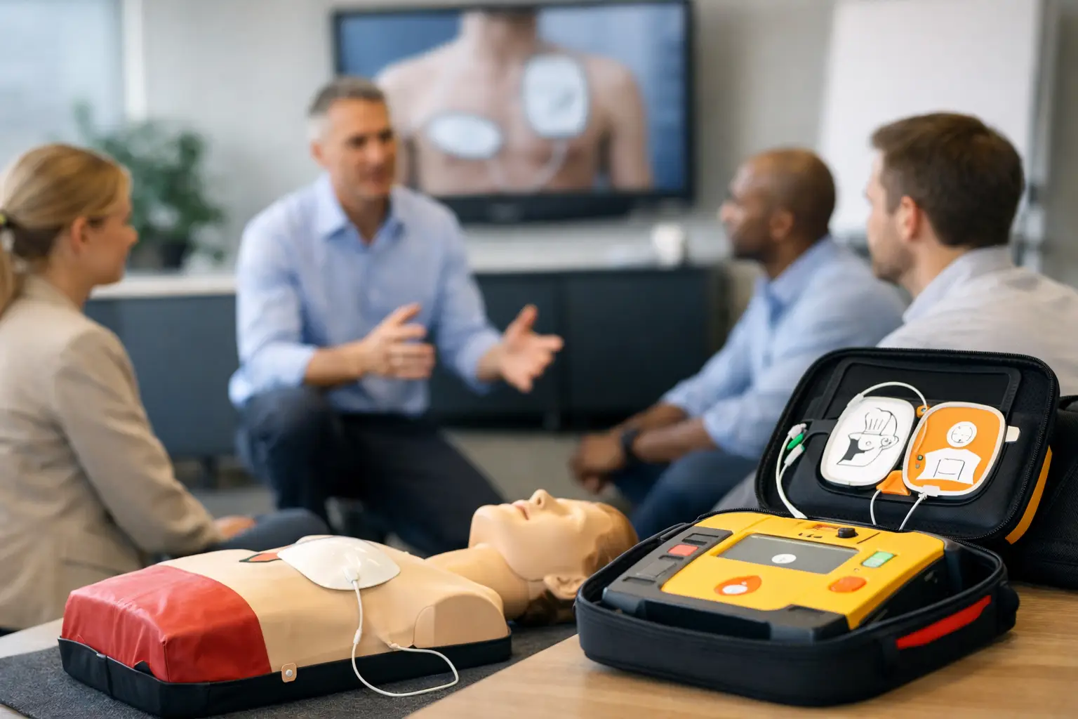 Erste-Hilfe-Kurs in Offenburg: Defibrillator und Übungspuppe im Schulungsraum