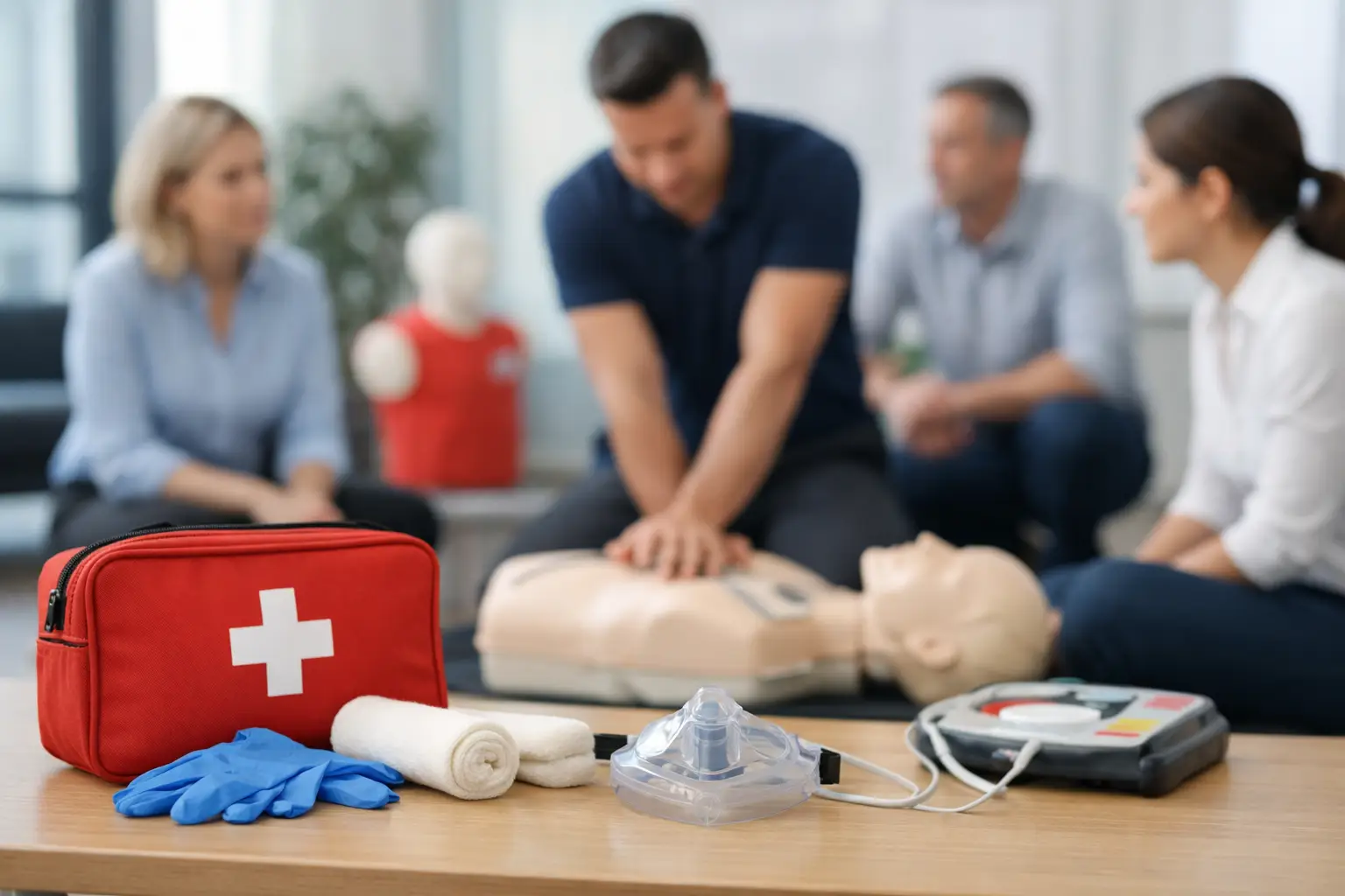 Erste-Hilfe-Material und Übungspuppe vor einer Kursgruppe