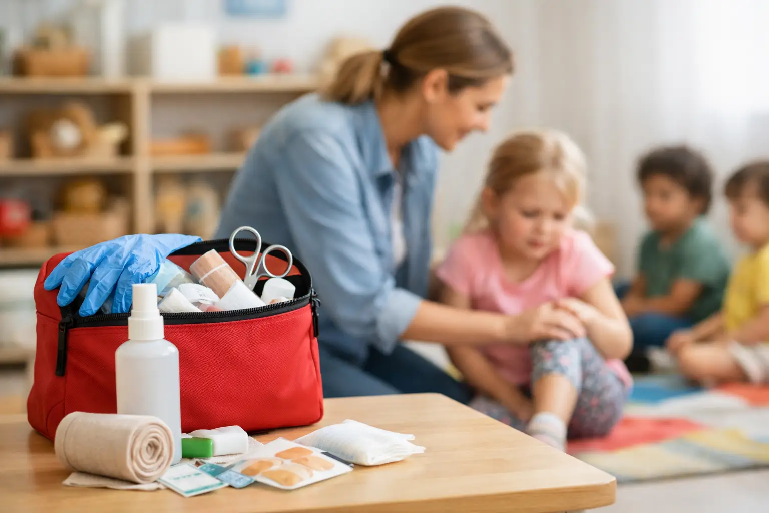 Erzieherin versorgt in der Kita eine kleine Wunde, Erste-Hilfe-Material liegt bereit
