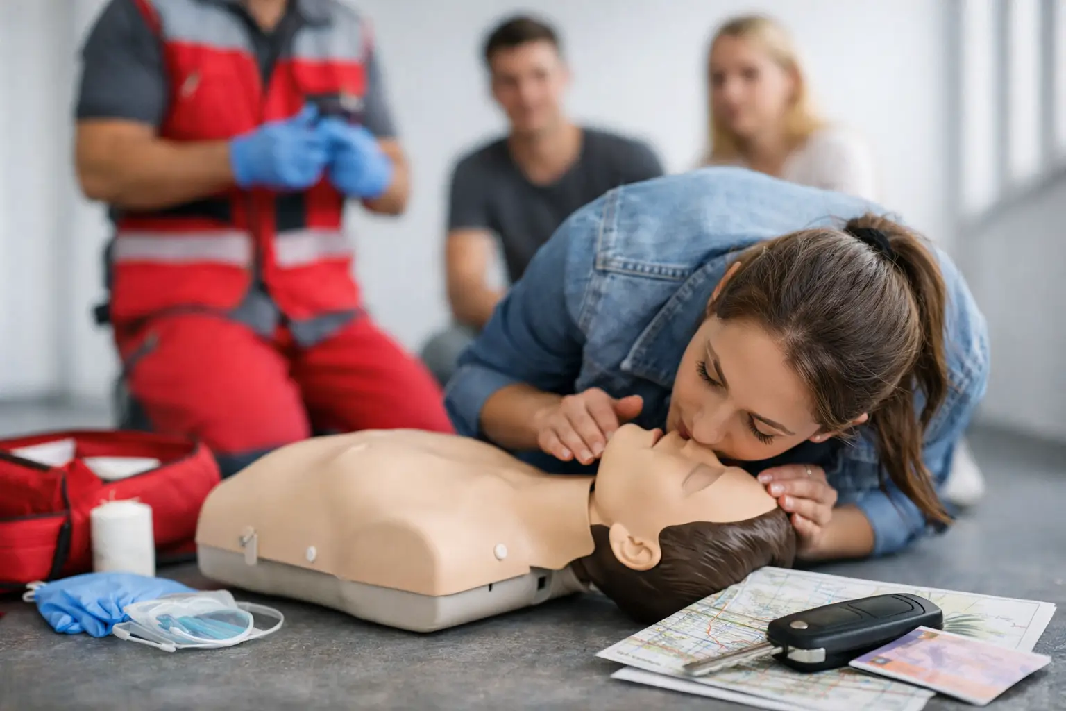 Teilnehmerin übt die Beatmung an der Übungspuppe im Erste-Hilfe-Kurs für den Führerschein