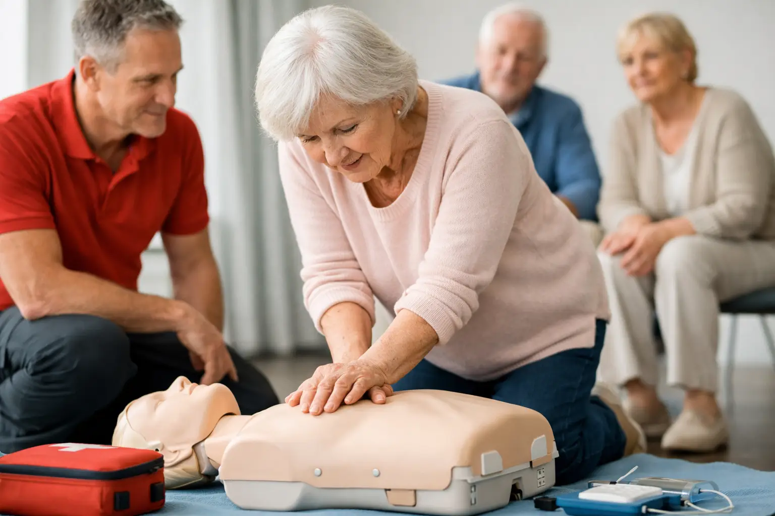 Seniorin übt im Kurs die Herzdruckmassage an der Übungspuppe