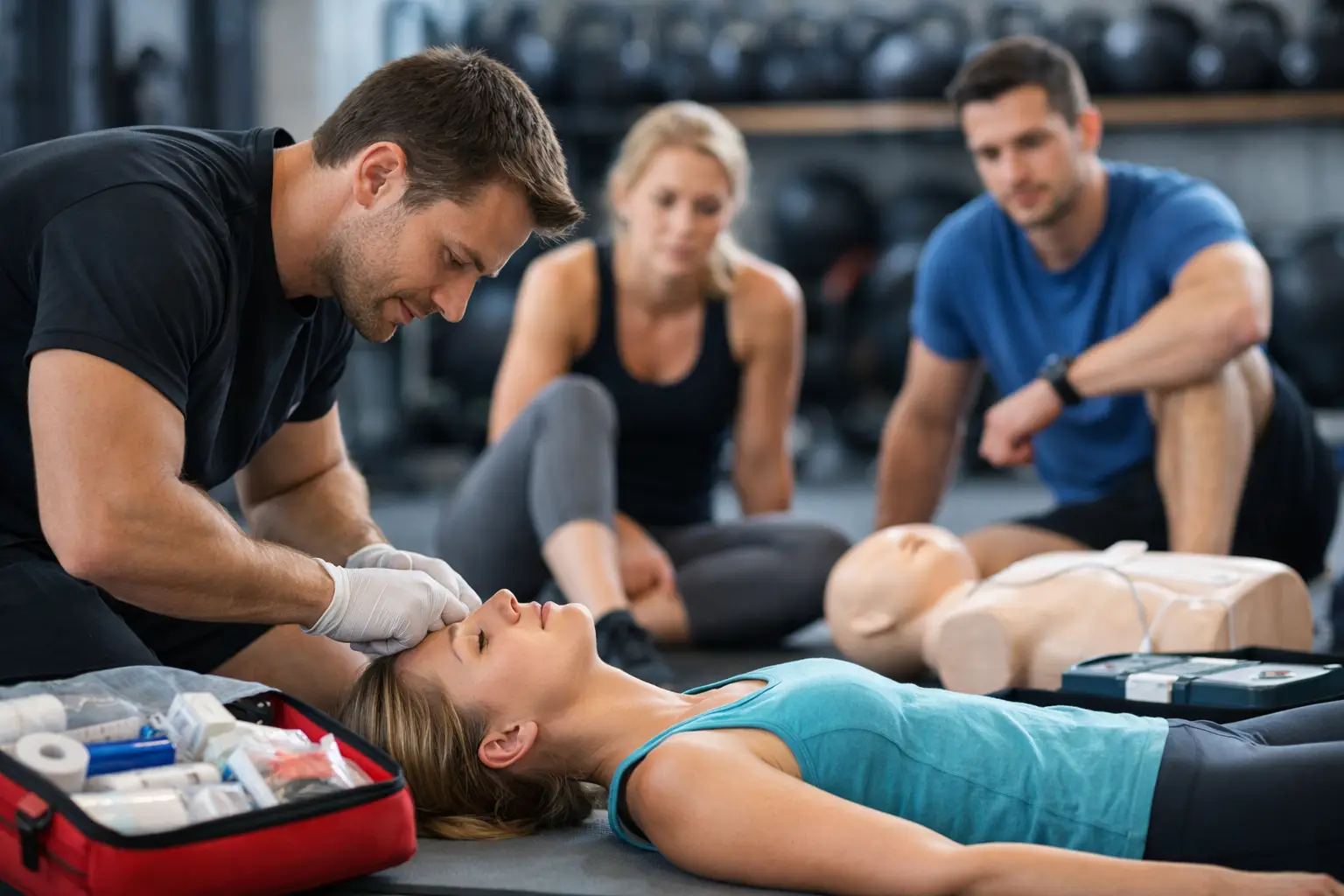 Trainer übt im Sportverein die Versorgung einer bewusstlosen Sportlerin