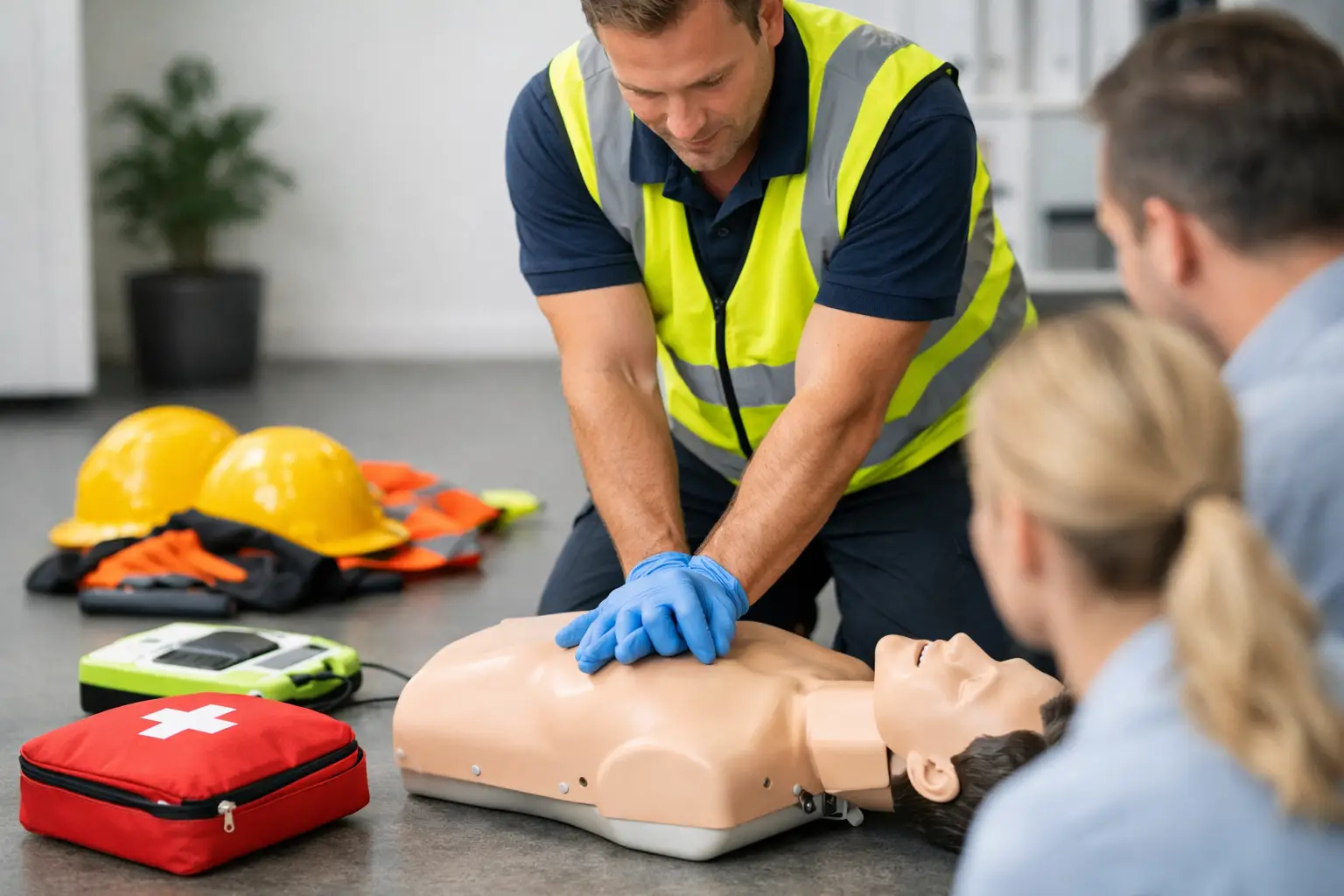 Ausbildung betrieblicher Ersthelfer nach DGUV Vorschrift 1: Übung an der Puppe neben Schutzhelmen und Defibrillator