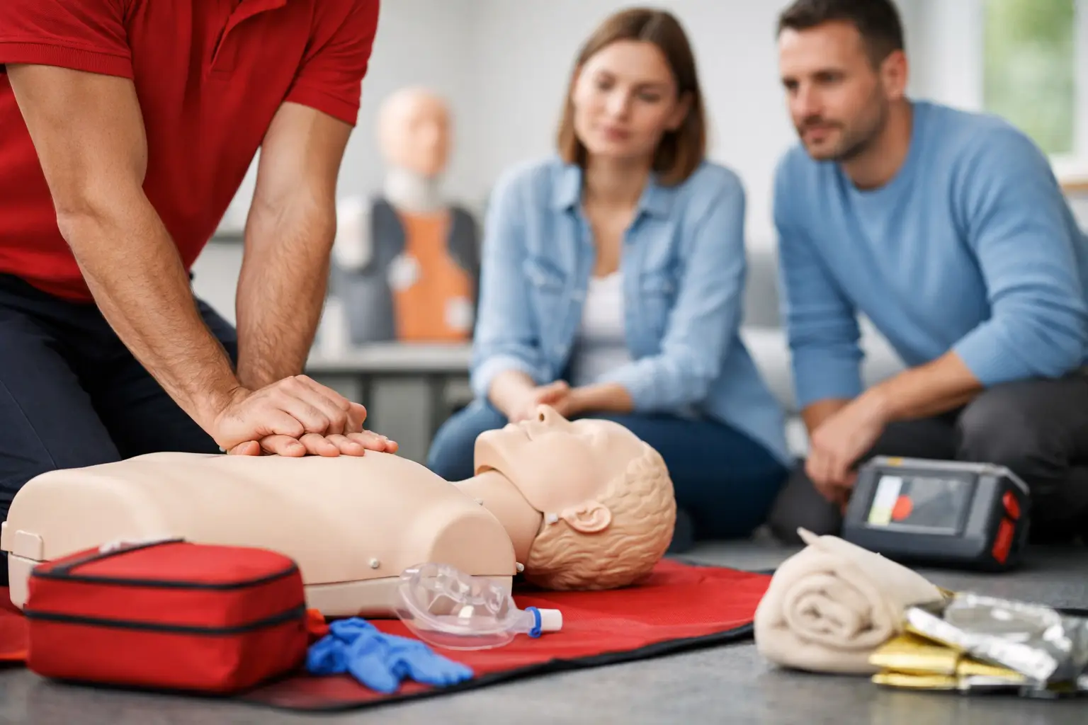 Kursleiterin zeigt einer Gruppe die Herzdruckmassage an der Übungspuppe