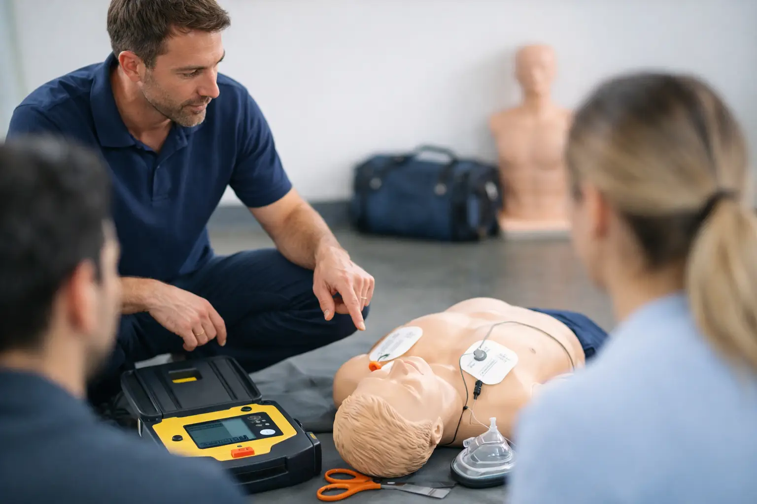 AED-Schulung: Ausbilder erklärt die Bedienung des Defibrillators an der Übungspuppe