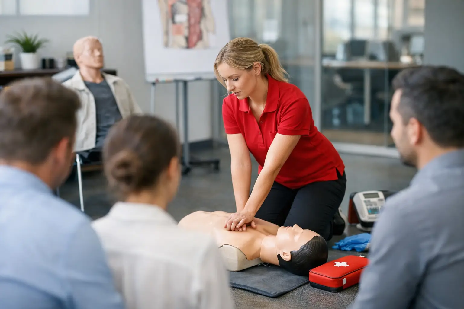 Inhouse-Schulung vor Ort: Mitarbeitende üben die Herzdruckmassage an der Übungspuppe