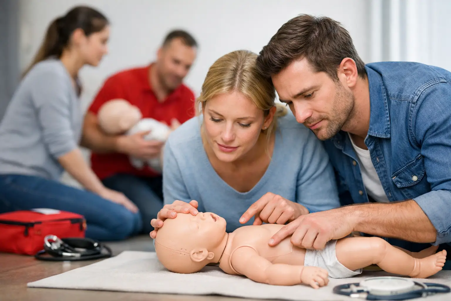 Eltern üben im Kindernotfallkurs die Wiederbelebung an einer Säuglingspuppe