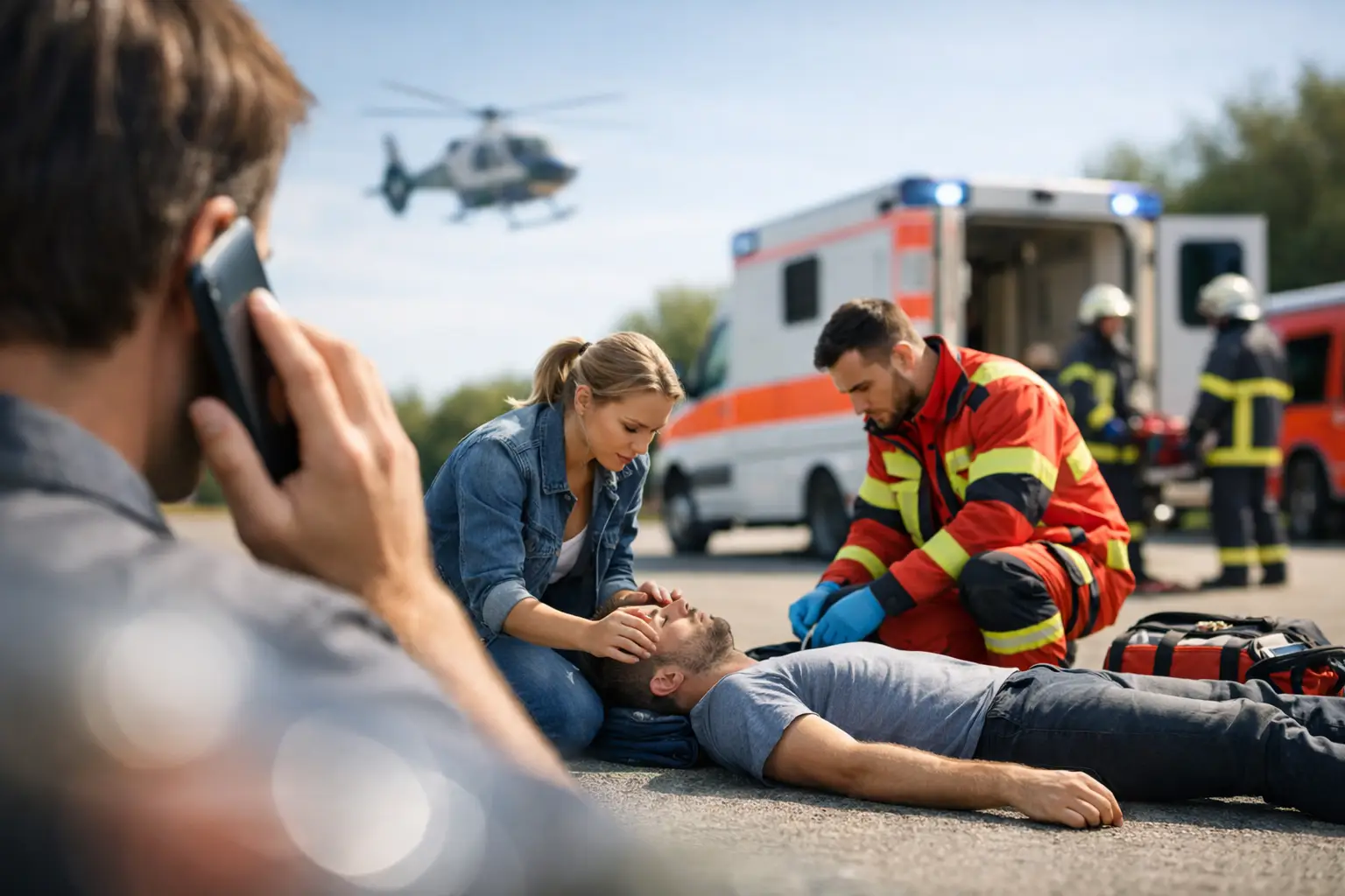 Die Rettungskette: Ersthelfer versorgen eine Person, im Hintergrund trifft der Rettungsdienst ein