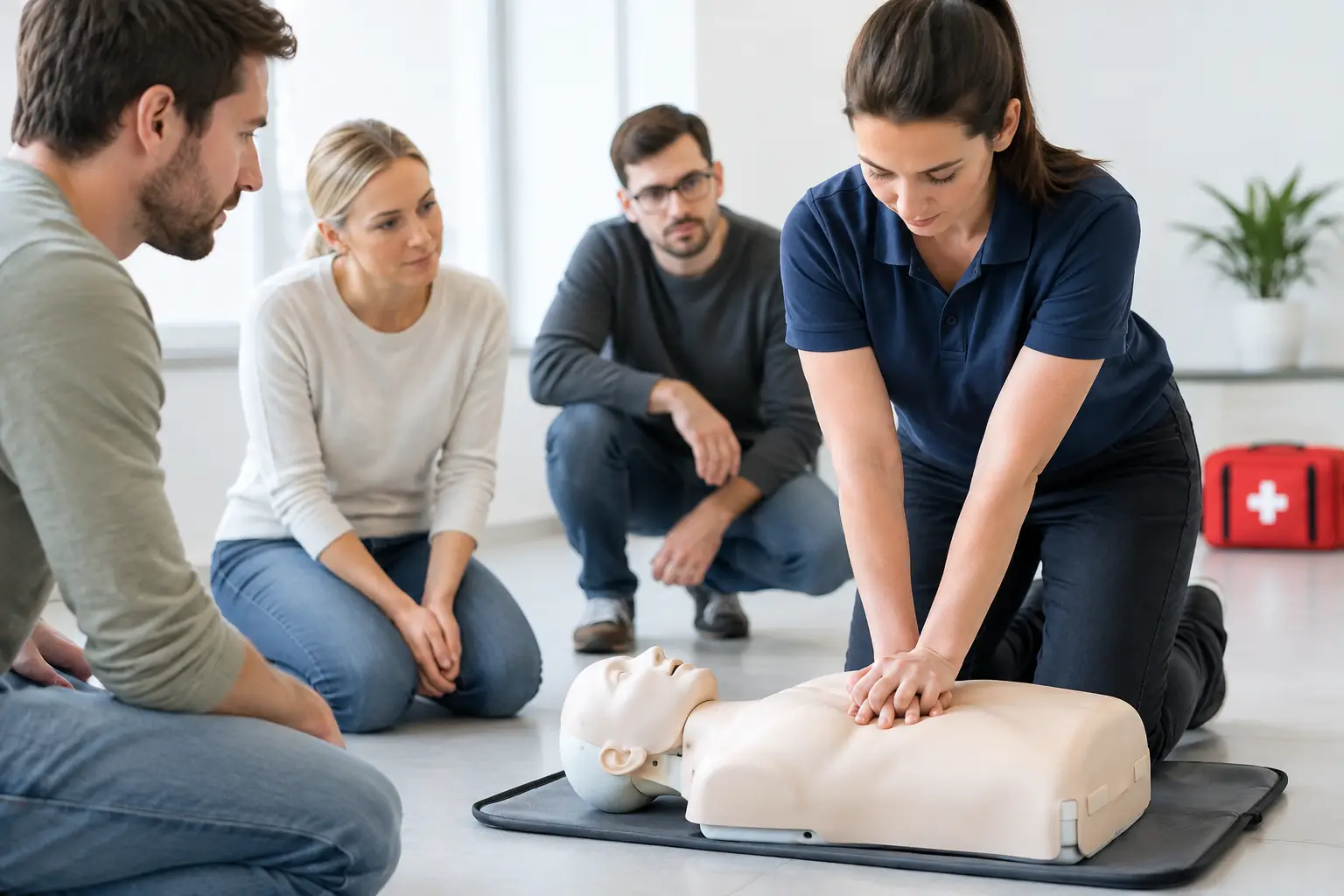Erste-Hilfe-Grundkurs: Kursleiterin zeigt die Herzdruckmassage, die Gruppe schaut zu