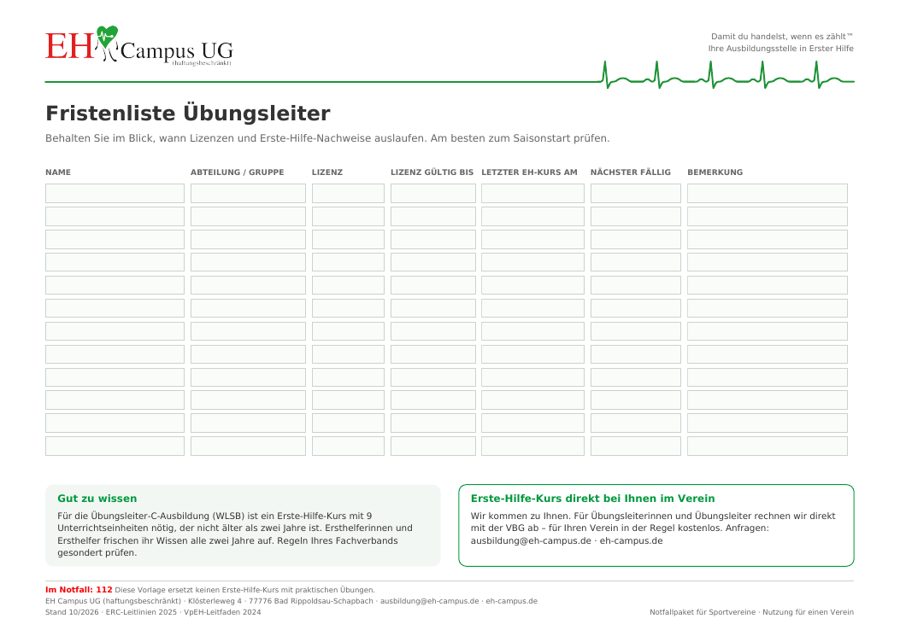 Vorschau Fristenliste Übungsleiter